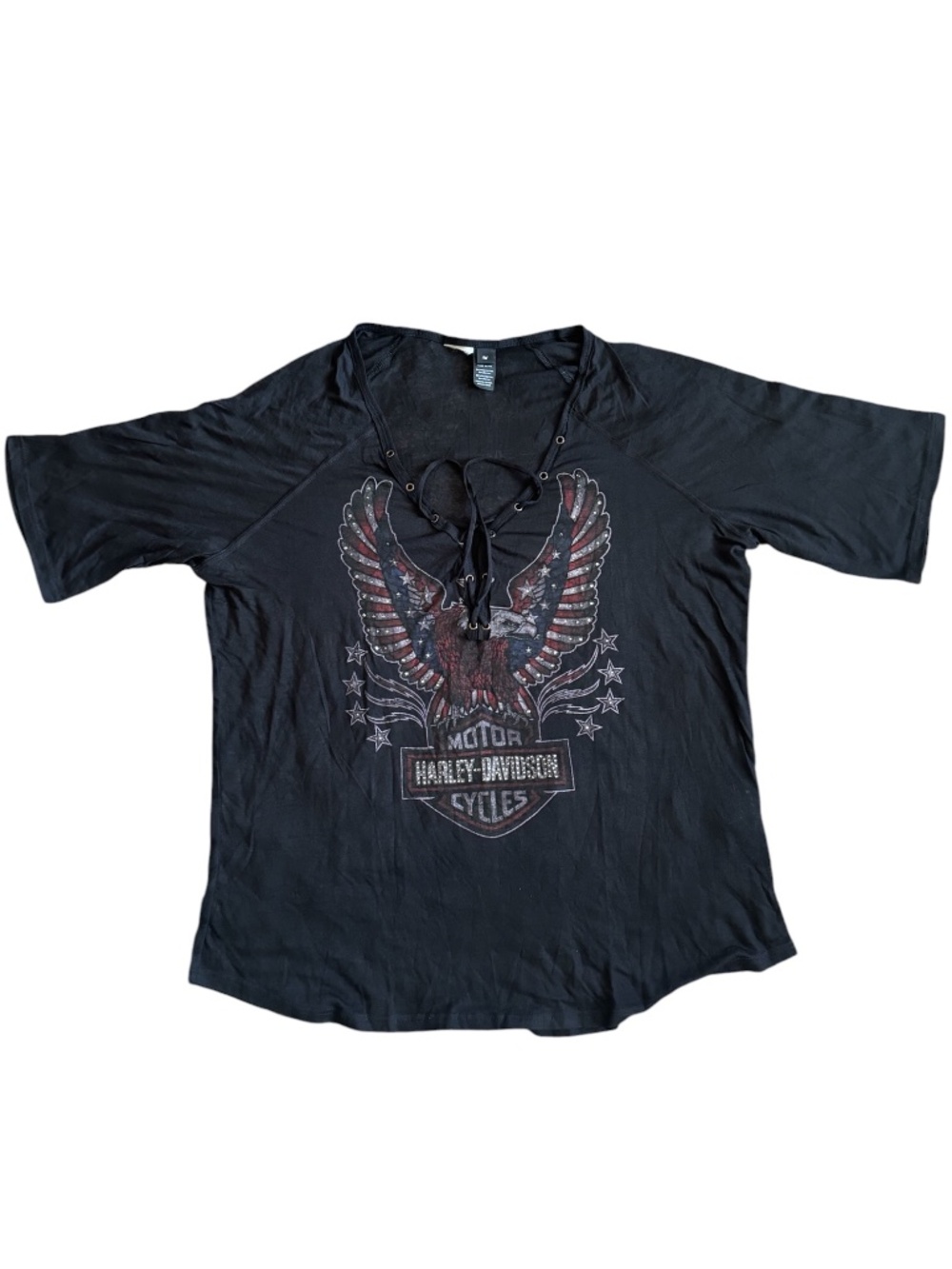 Harley Davidson American Flag Eagle Laced Front V-Neck Y2K Style Shirt